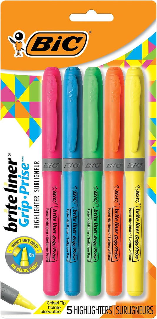 Highlighters for Kids — 5-Pack Assorted Colors, Chisel Tip for School