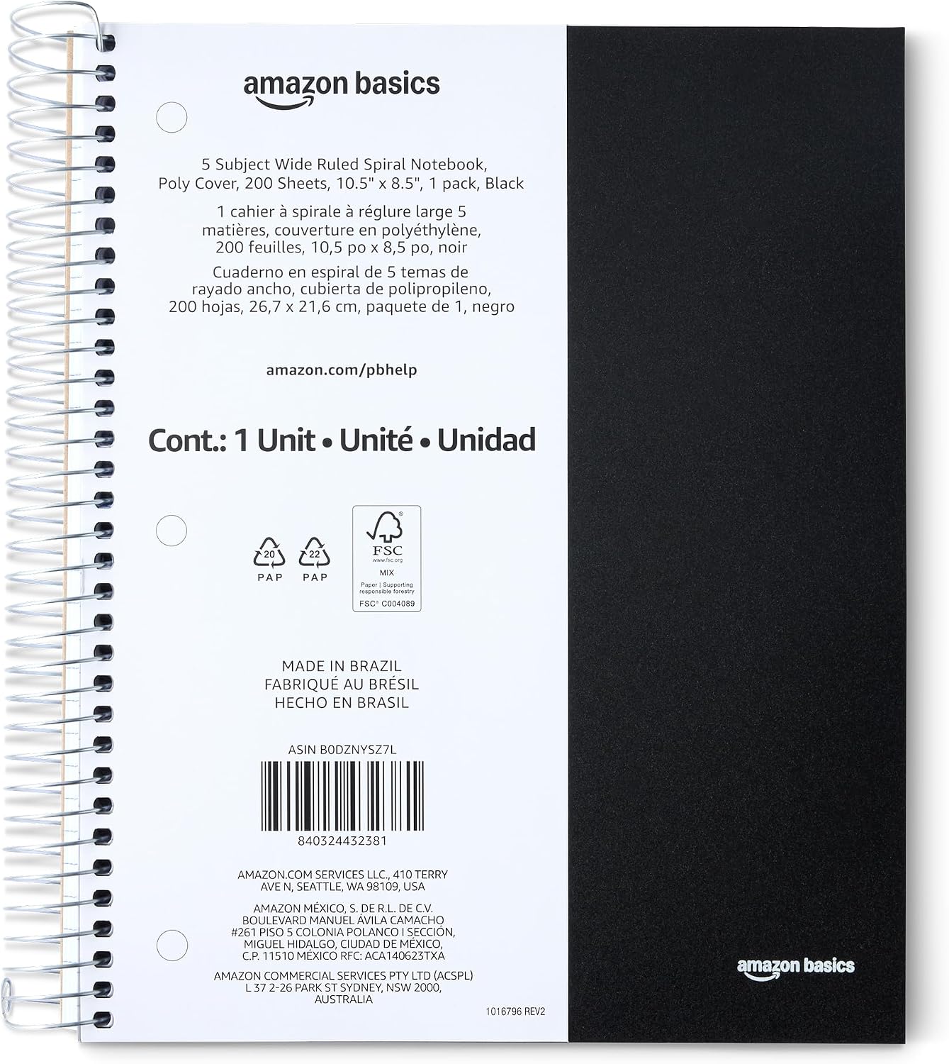 5-Subject Spiral Notebook for Students — Wide Ruled, 200 Pages