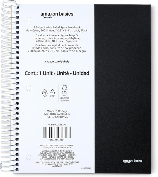 5-Subject Spiral Notebook for Students — Wide Ruled, 200 Pages